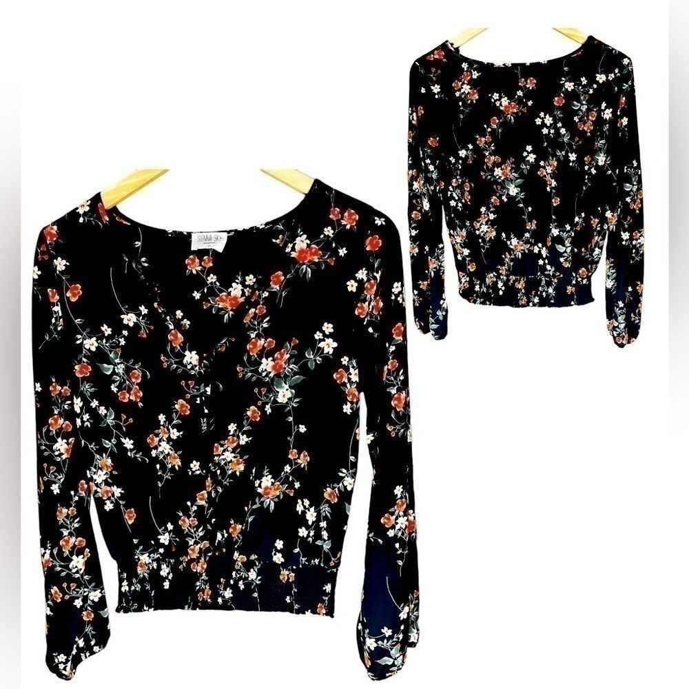 Sienna Sky Black, Floral Print Semi-Sheer Top, Size Medium